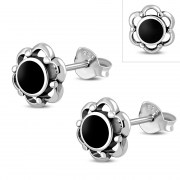 Large Black Onyx Flower Stud Silver Earrings, e334